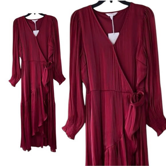 LC Lauren Conrad Dresses & Skirts - Lauren Conrad Dress Burgundy Boho  Wrap Long Sleeve High Low in Size L ‎ NWT